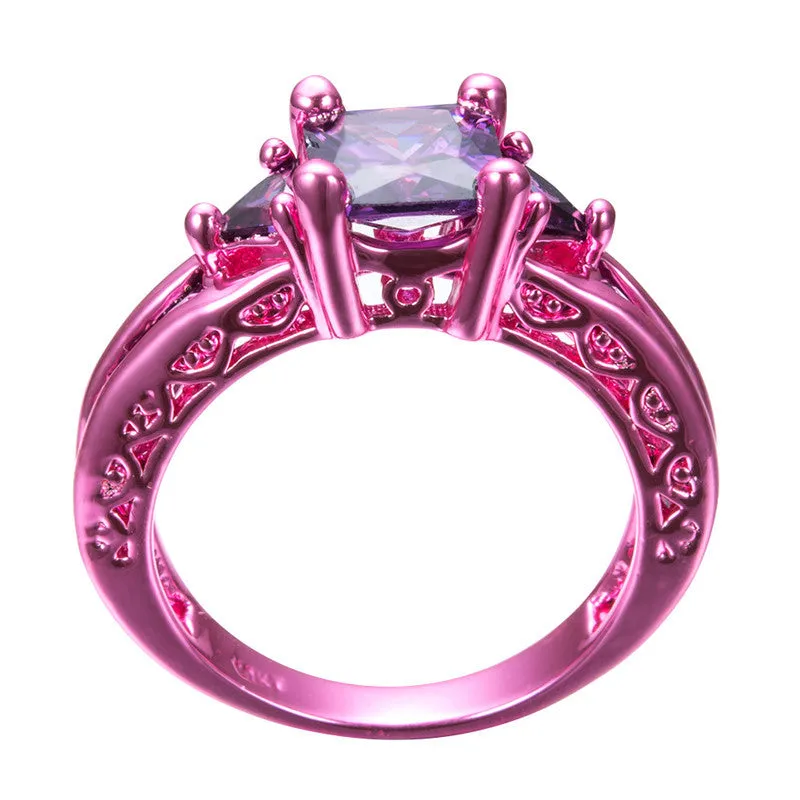 Pink Gold Princess Cut Purple Zircon Ring
