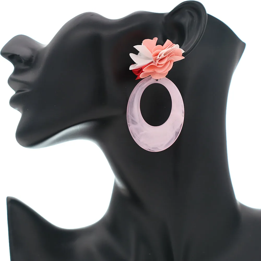 Pink Oval Floral Resin Earrings