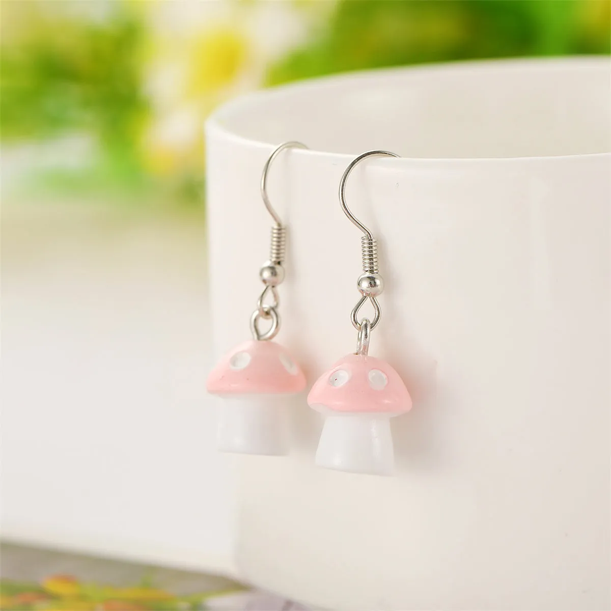 Pink Resin & Silver-Plated Dot Mushroom Drop Earrings
