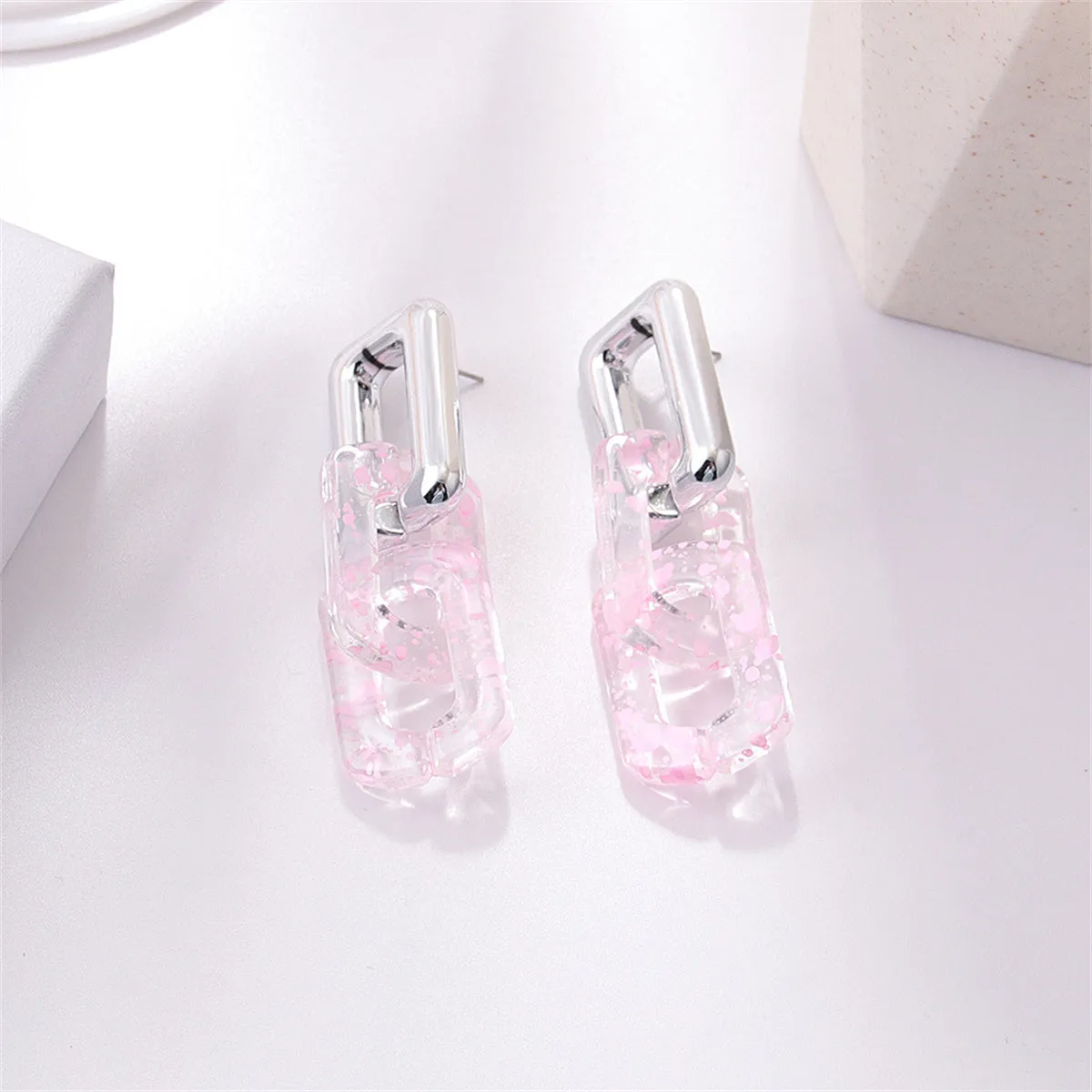 Pink Resin & Silver-Plated Spot Rectangle Drop Earrings