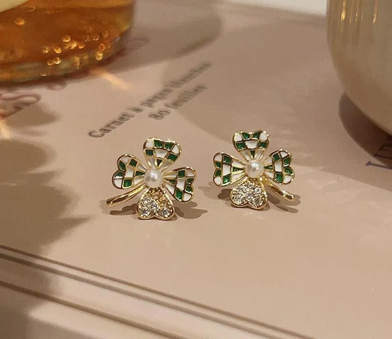 Plaid Four Leaf Clover Earrings