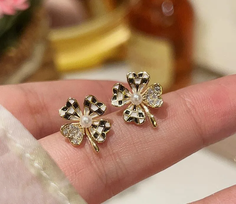 Plaid Four Leaf Clover Earrings
