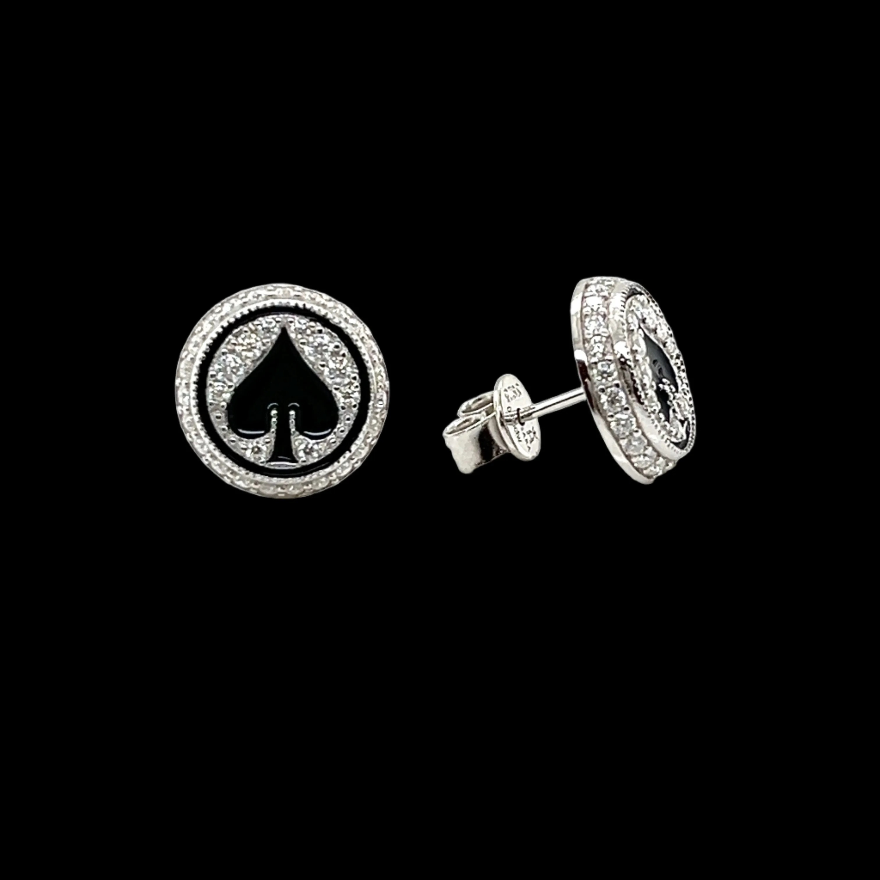 Poker Ace Spades Lab-Created Moissanite Round Sterling Screw Unisex Earrings - M2000019