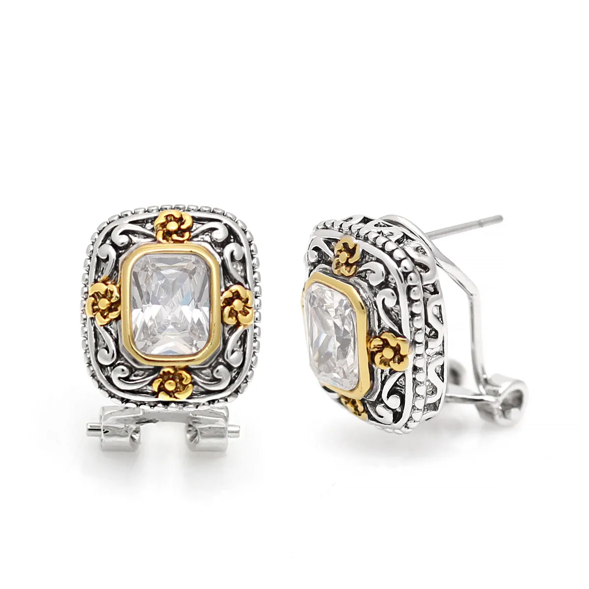 Premium Quality TWO TONE FILIGREE CLEAR CRYSTAL EARRINGS #11772ERCL (FE23)