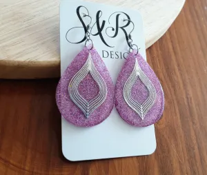 Pricilla Pink Teardrop Dangle Silver Earrings, Holographic with Silver Filigree Resin Drop Dangles, Stainless Steel, Statement Handmade Gift