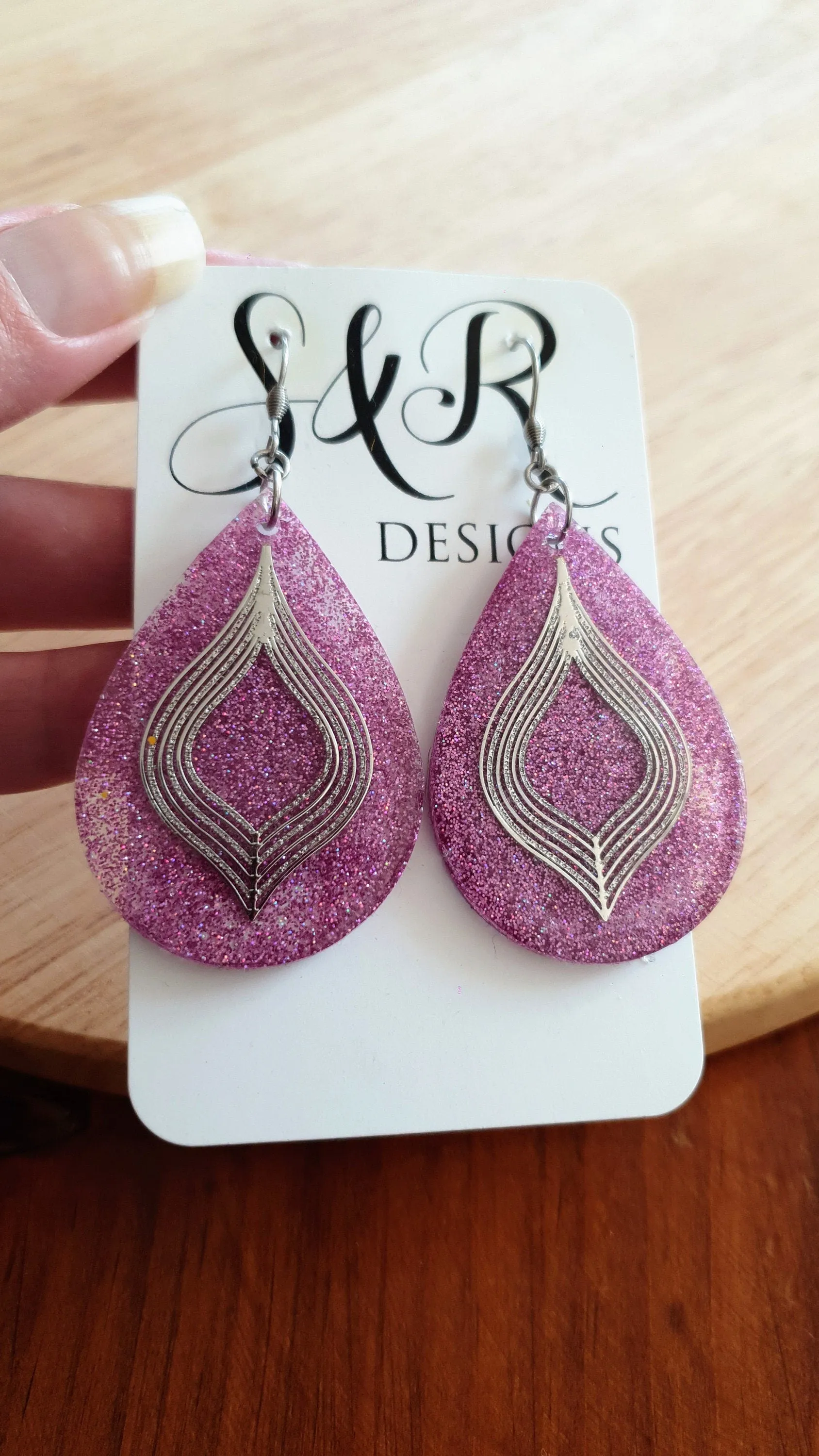 Pricilla Pink Teardrop Dangle Silver Earrings, Holographic with Silver Filigree Resin Drop Dangles, Stainless Steel, Statement Handmade Gift