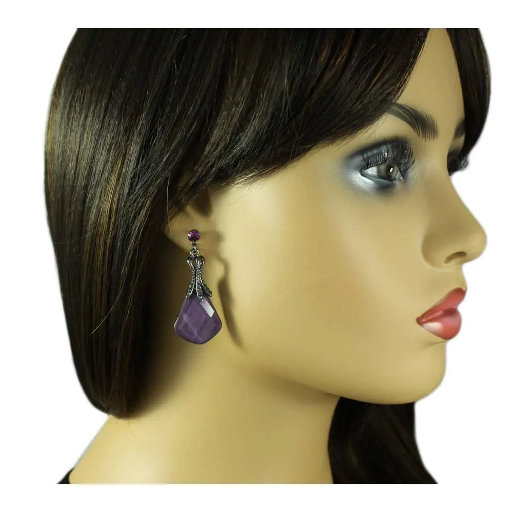 Purple Acrylic Teardrop Stone Dangling Pierced Earring - REC308