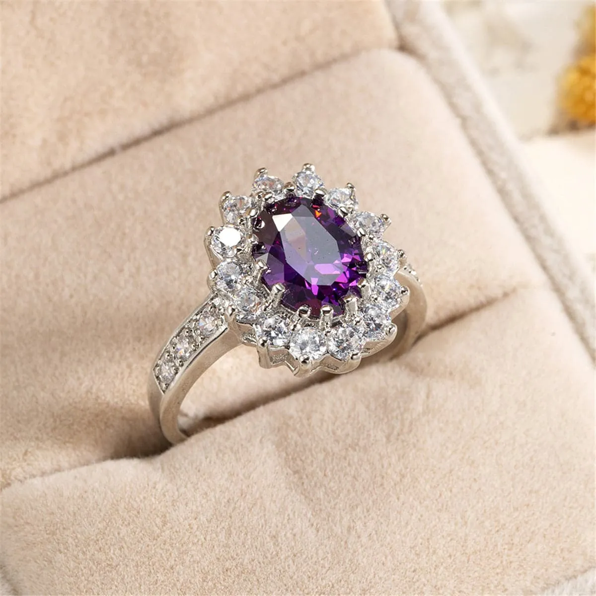 Purple Crystal & Cubic Zirconia Flower Ring