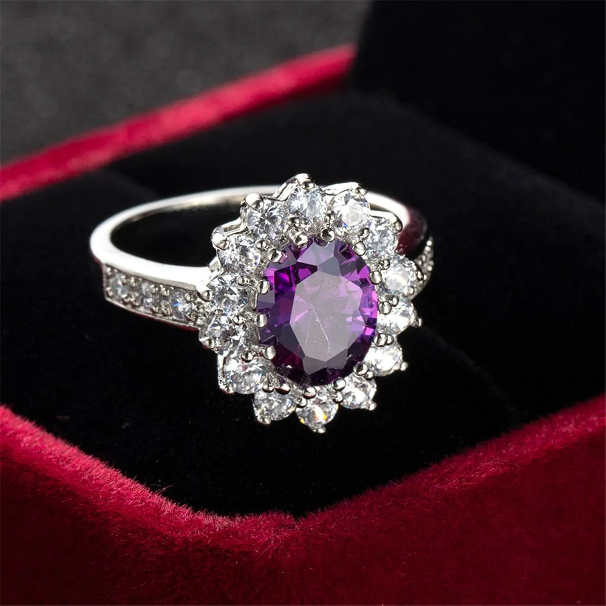 Purple Crystal & Cubic Zirconia Flower Ring