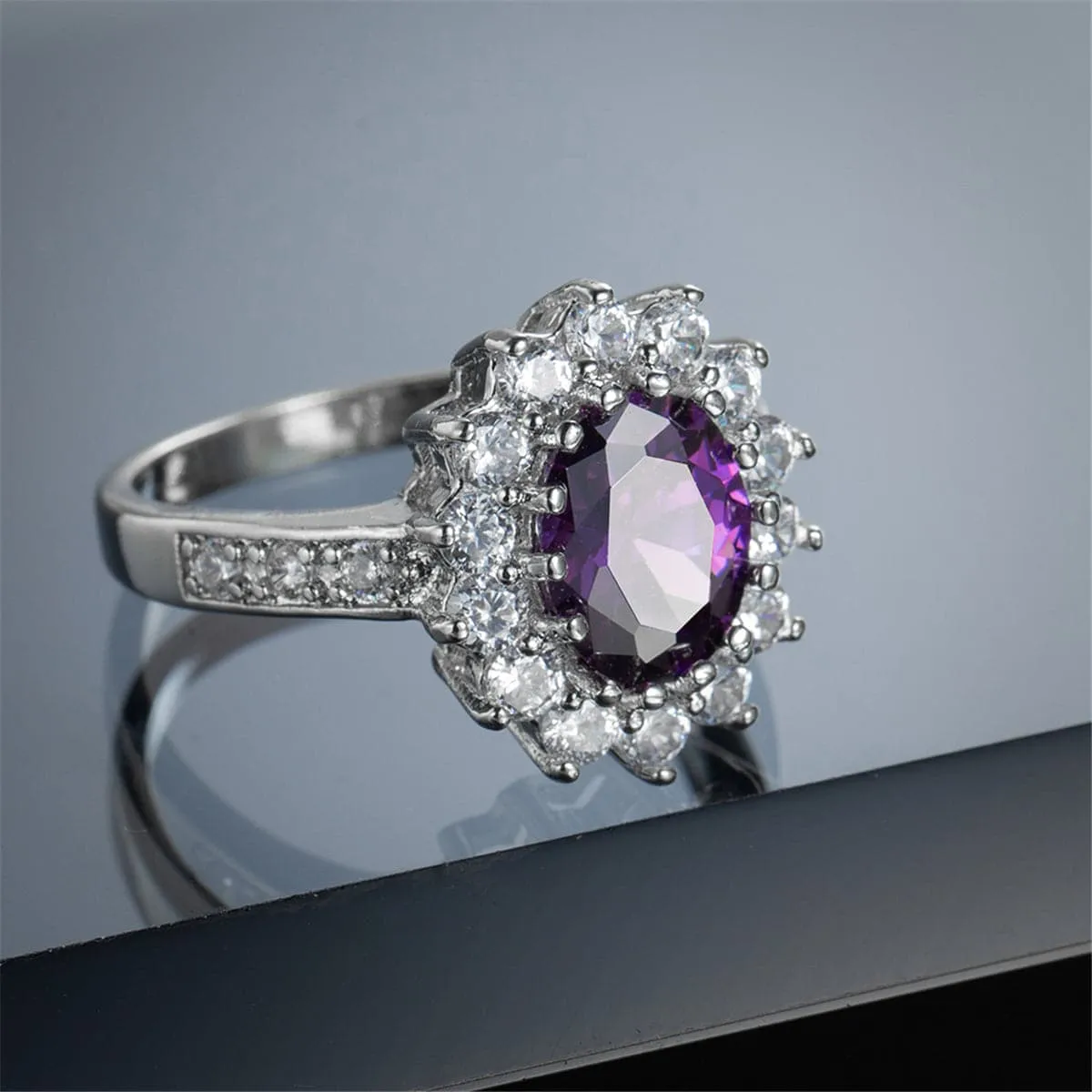 Purple Crystal & Cubic Zirconia Flower Ring