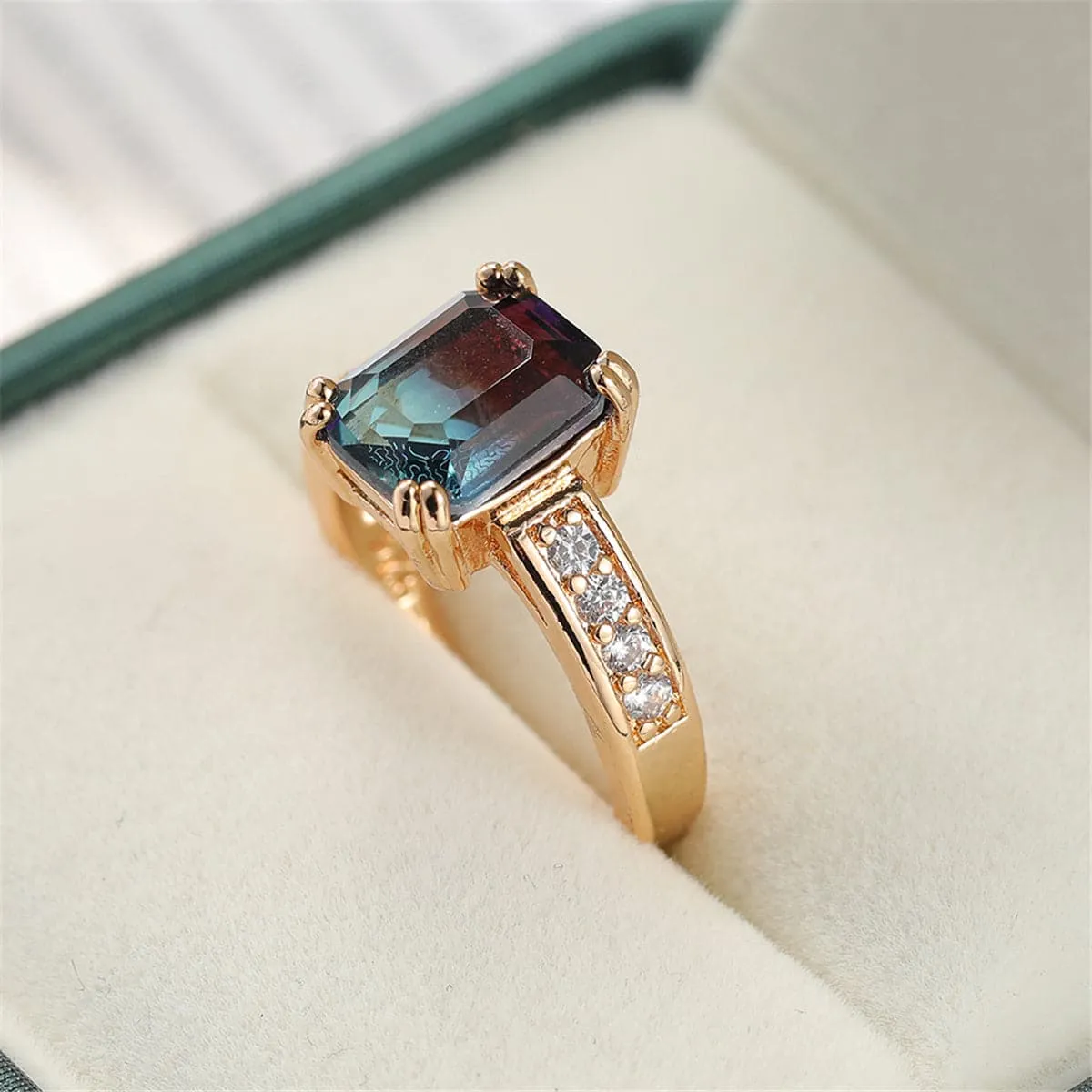 Purple Crystal & Cubic Zirconia Rectangle Double-Prong Ring