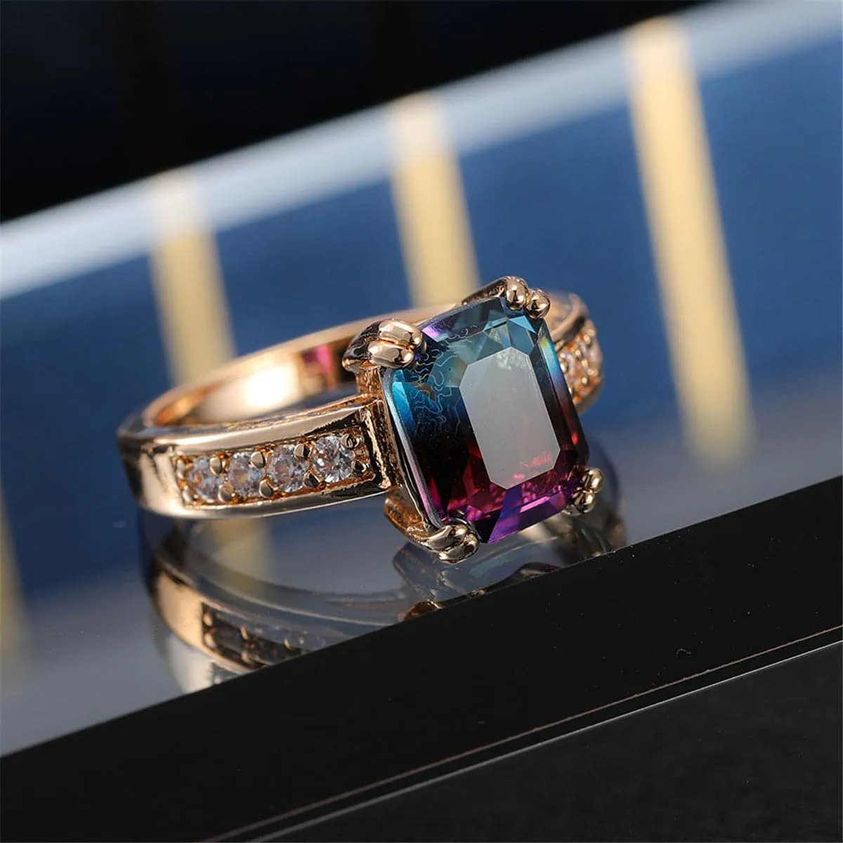 Purple Crystal & Cubic Zirconia Rectangle Double-Prong Ring
