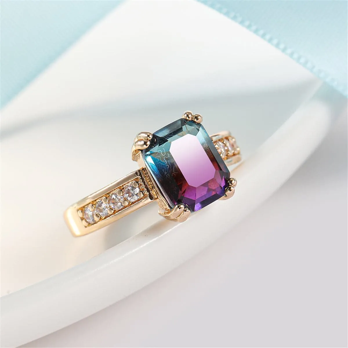 Purple Crystal & Cubic Zirconia Rectangle Double-Prong Ring
