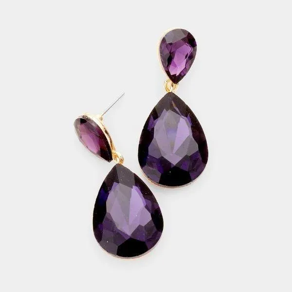 Purple Crystal Teardrop Gold Earrings