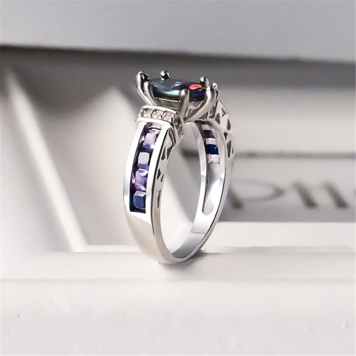 Purple Cubic Zirconia & Crystal Marquise Cut Channel Oil Slick Ring