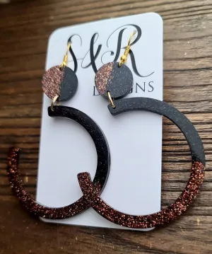 Purple Gold and Black Half Circle Hoop Long Earrings, Fine Purple Gold Mix with Black Glitter Extra Long Hoop Gold Dangle Statement Earrings