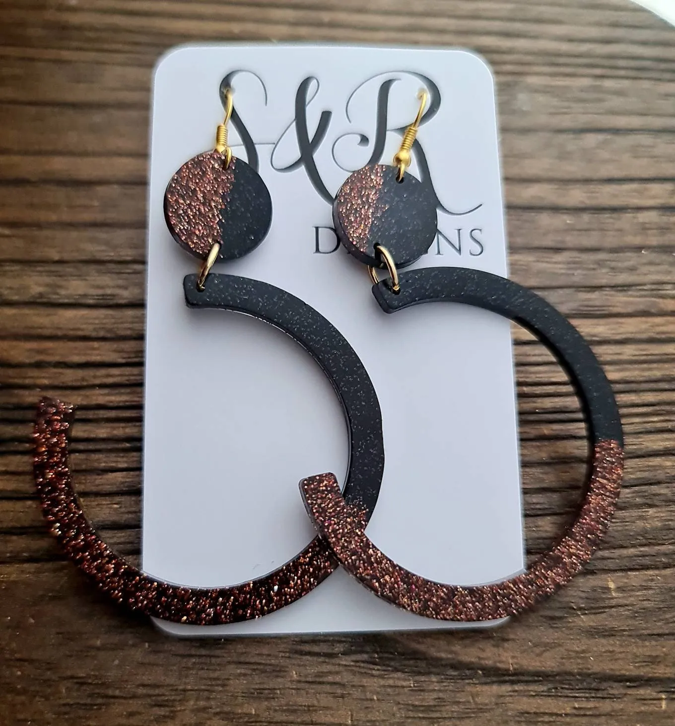 Purple Gold and Black Half Circle Hoop Long Earrings, Fine Purple Gold Mix with Black Glitter Extra Long Hoop Gold Dangle Statement Earrings