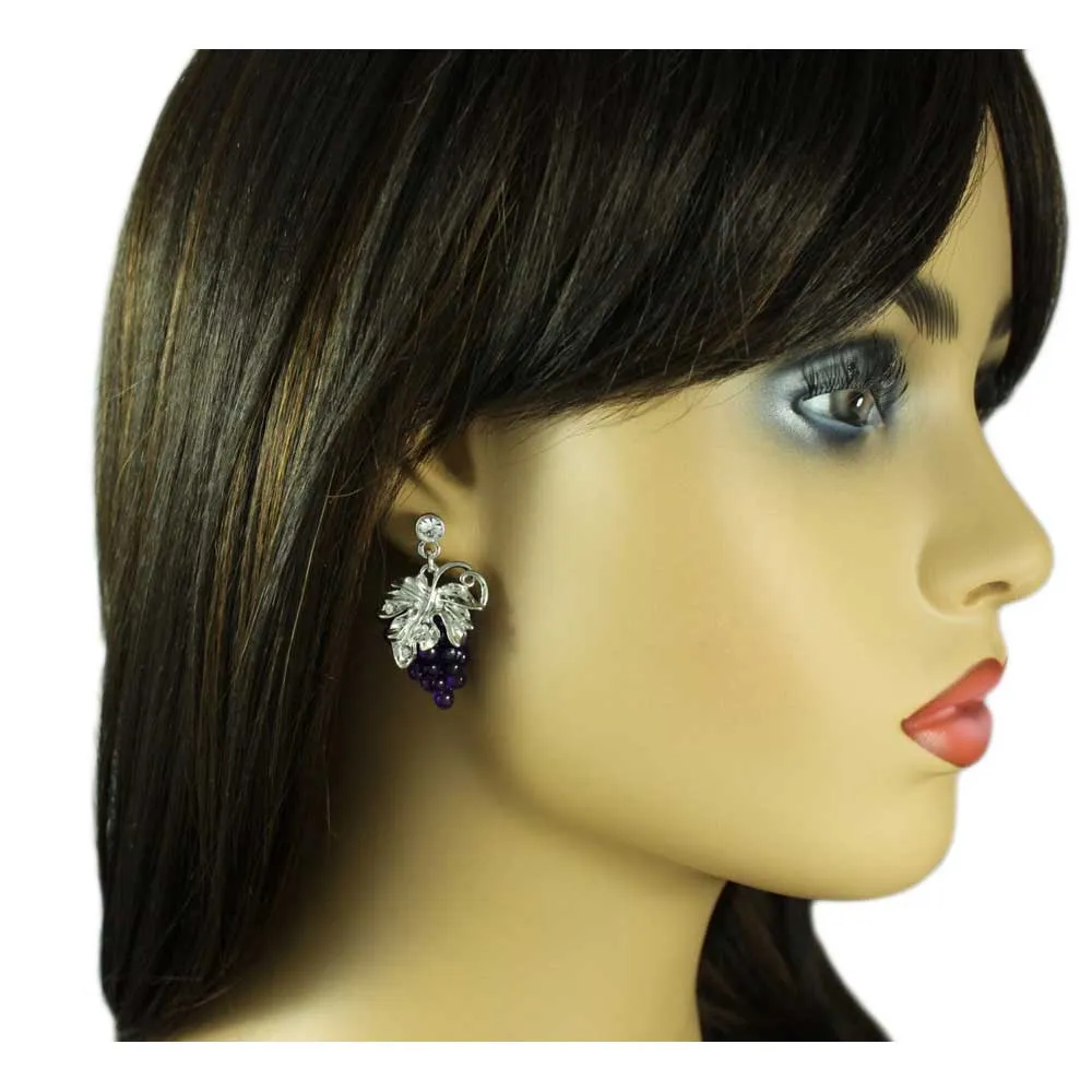 Purple Grapes with Silver Leaves Dangling Pierced Earring - PT202E
