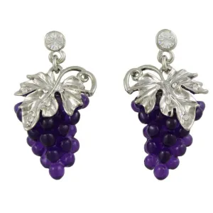 Purple Grapes with Silver Leaves Dangling Pierced Earring - PT202E