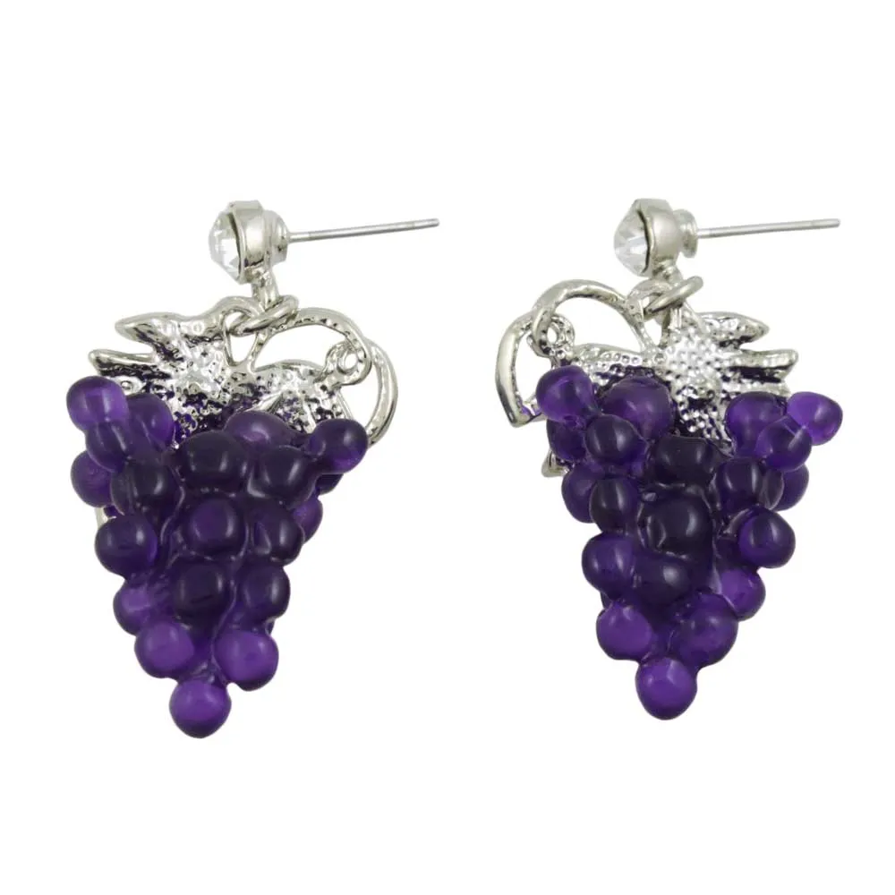 Purple Grapes with Silver Leaves Dangling Pierced Earring - PT202E