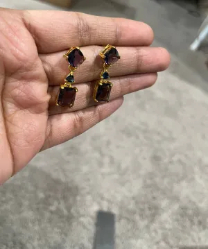 Purple Rhinestone earrings , long purple crystal earrings , dark purple wedding earrings , eggplant gold rhinestone earring sparkling