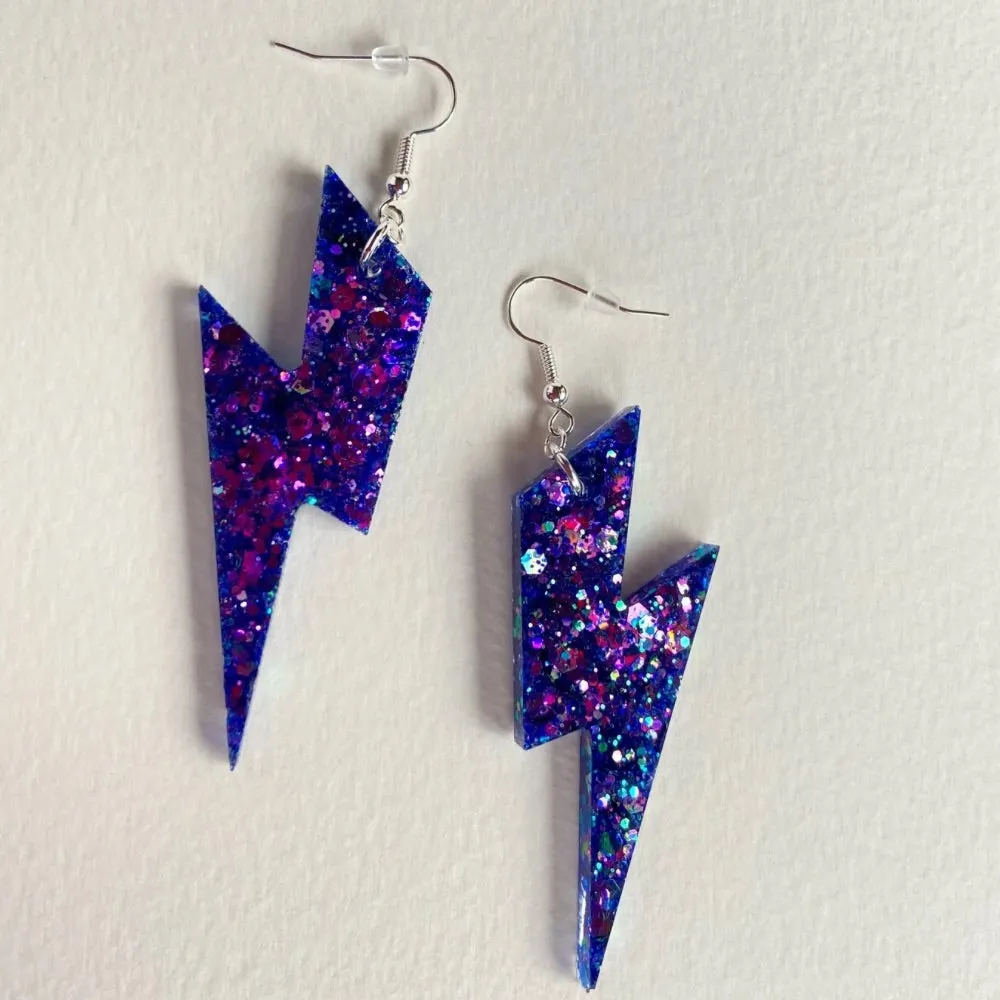 Purple Sparkle Lightening Bolt Earrings Large