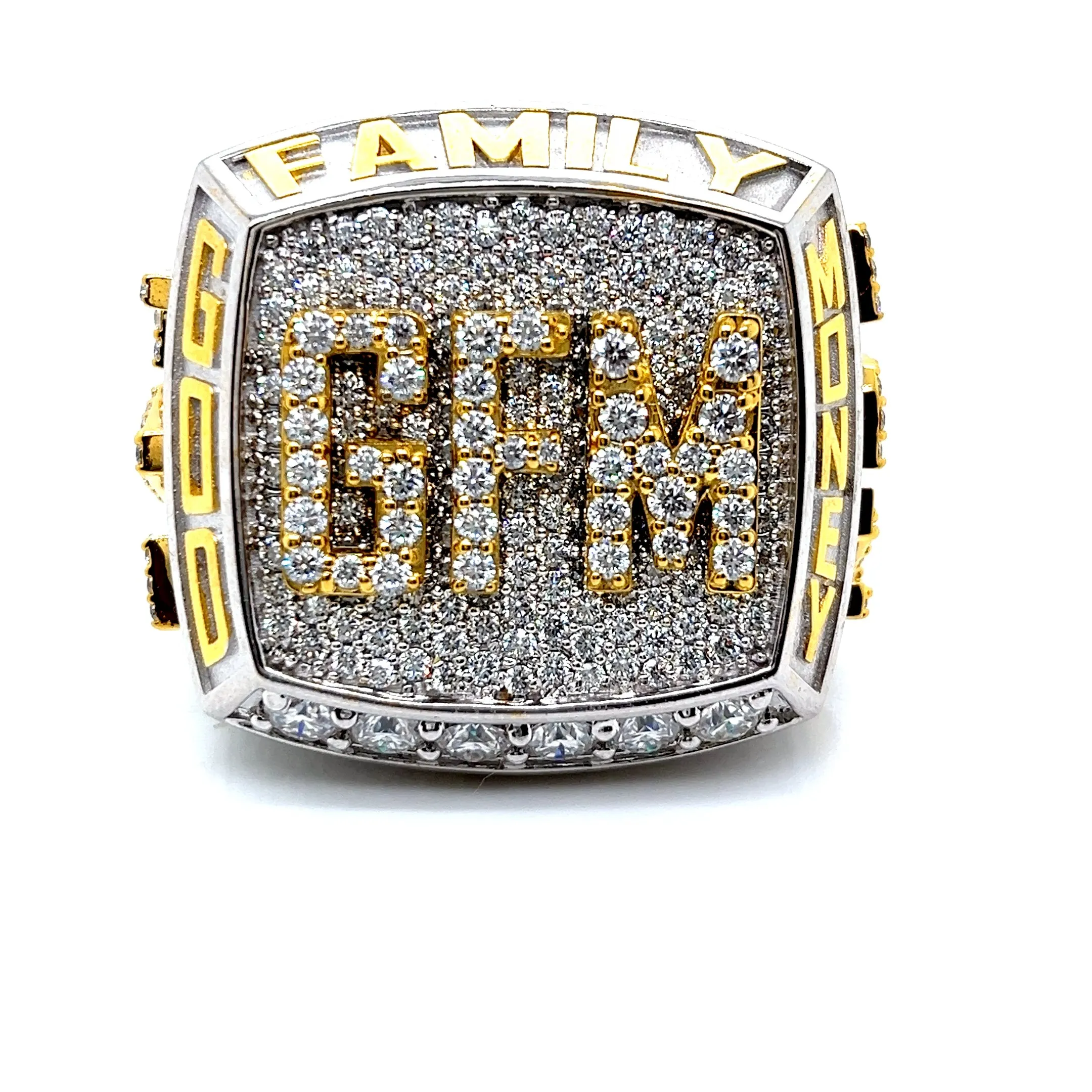 "GOD FAMILY MONEY' Lab-Created Moissanite Hip Hop Customized Two Tone Sterling Ring