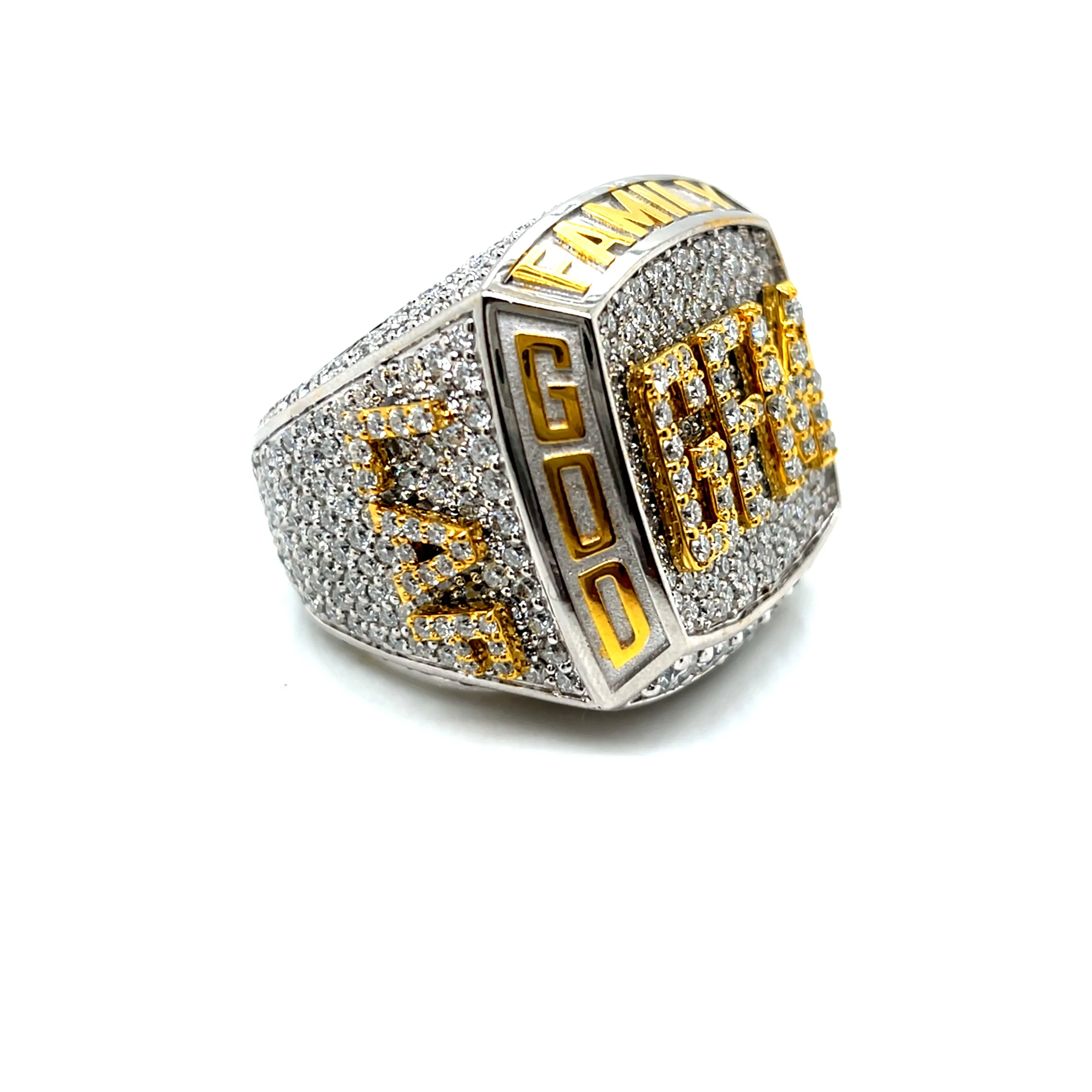 "GOD FAMILY MONEY' Lab-Created Moissanite Hip Hop Customized Two Tone Sterling Ring