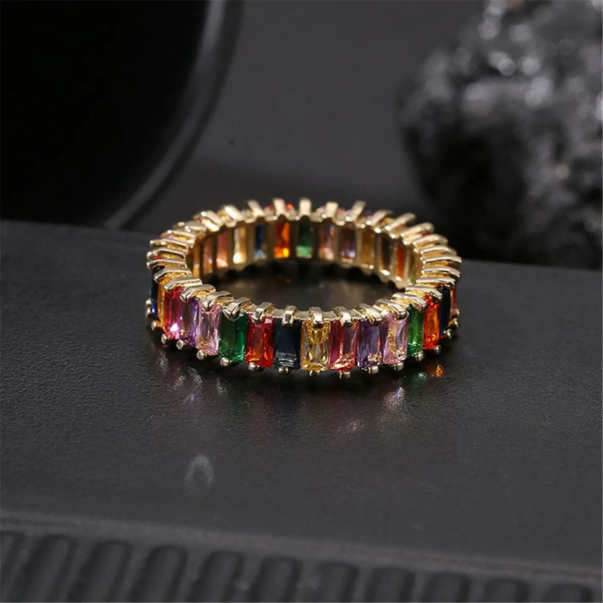 Rainbow Crystal & Cubic Zirconia Baguette Band Ring