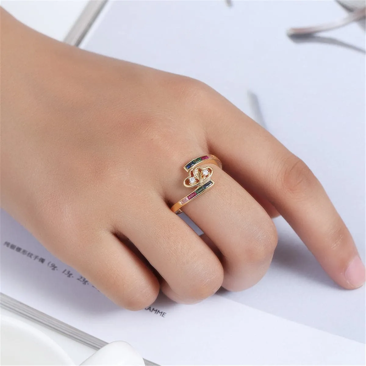 Rainbow Crystal & Cubic Zirconia Interlocking Hearts Ring