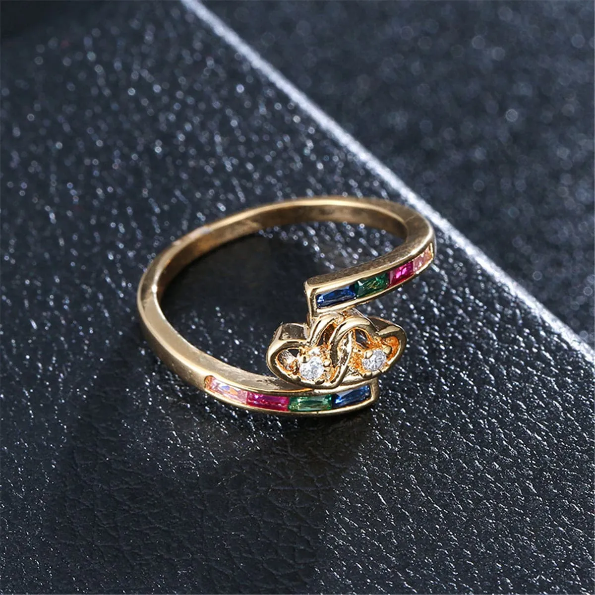Rainbow Crystal & Cubic Zirconia Interlocking Hearts Ring