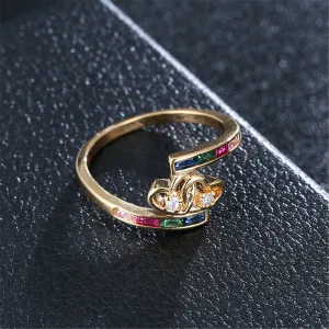 Rainbow Crystal & Cubic Zirconia Interlocking Hearts Ring