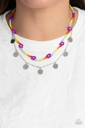 Rainbow Dash - Purple - Colored Seed Bead Flower Silver Disc Tiered Paparazzi Short Necklace