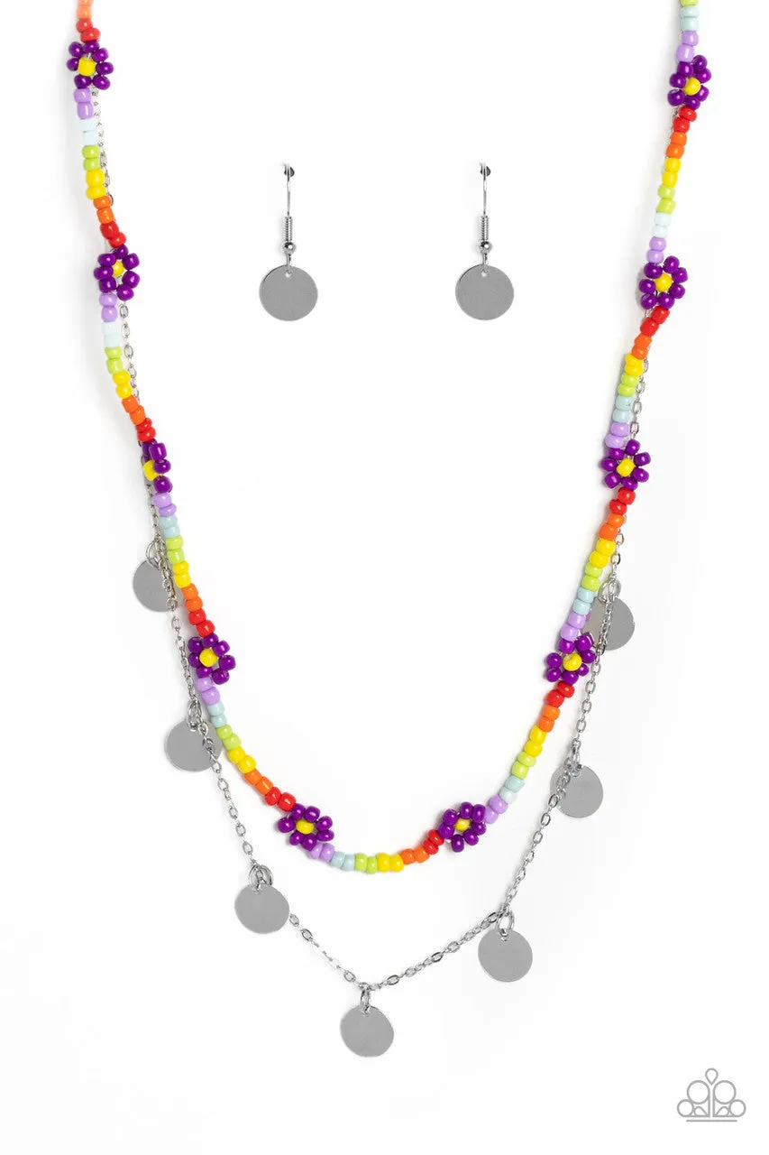 Rainbow Dash - Purple - Colored Seed Bead Flower Silver Disc Tiered Paparazzi Short Necklace