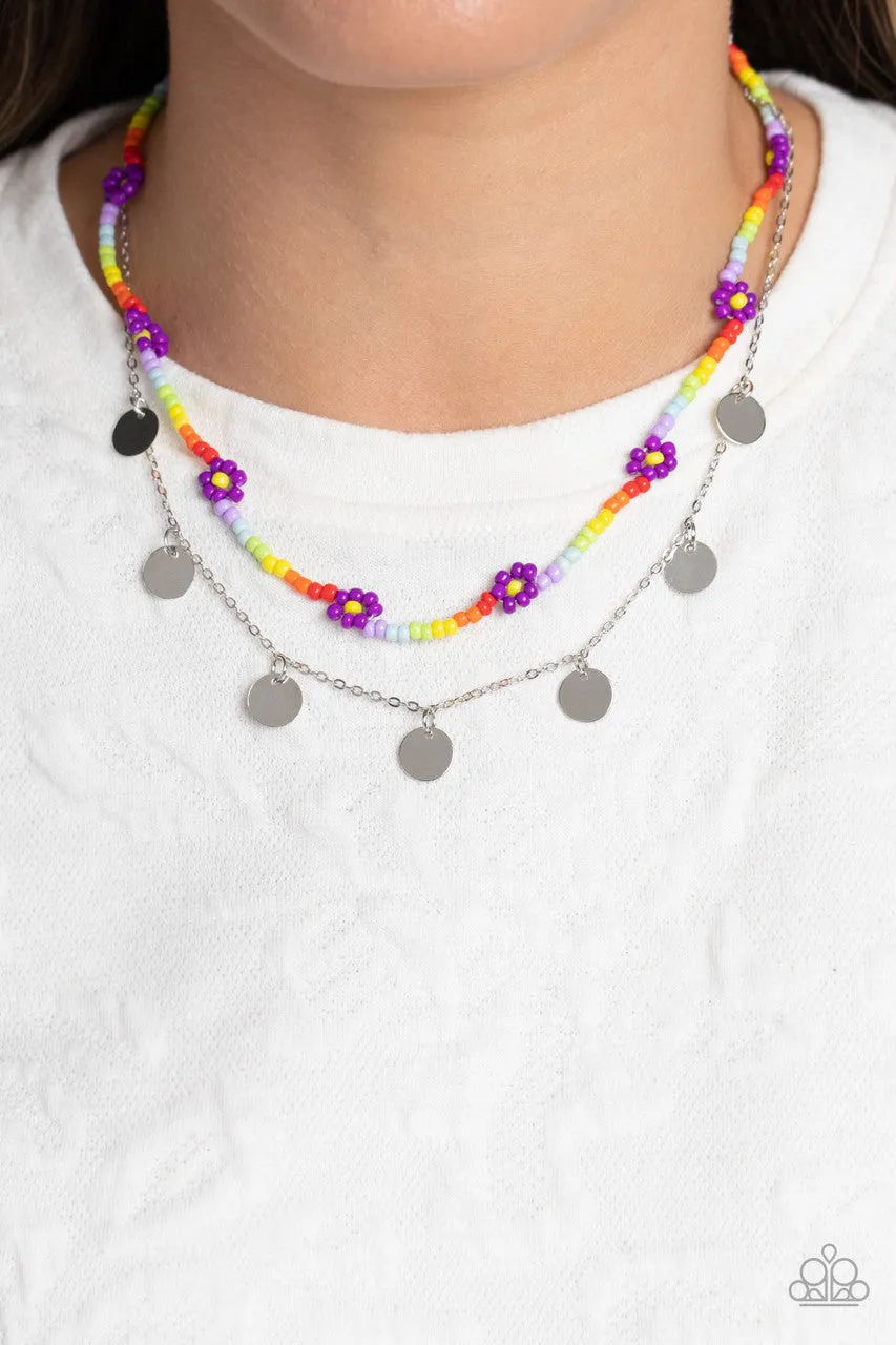Rainbow Dash - Purple - Colored Seed Bead Flower Silver Disc Tiered Paparazzi Short Necklace