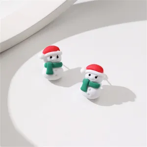 Red & Green Resin Silver-Plated Snowman Stud Earrings