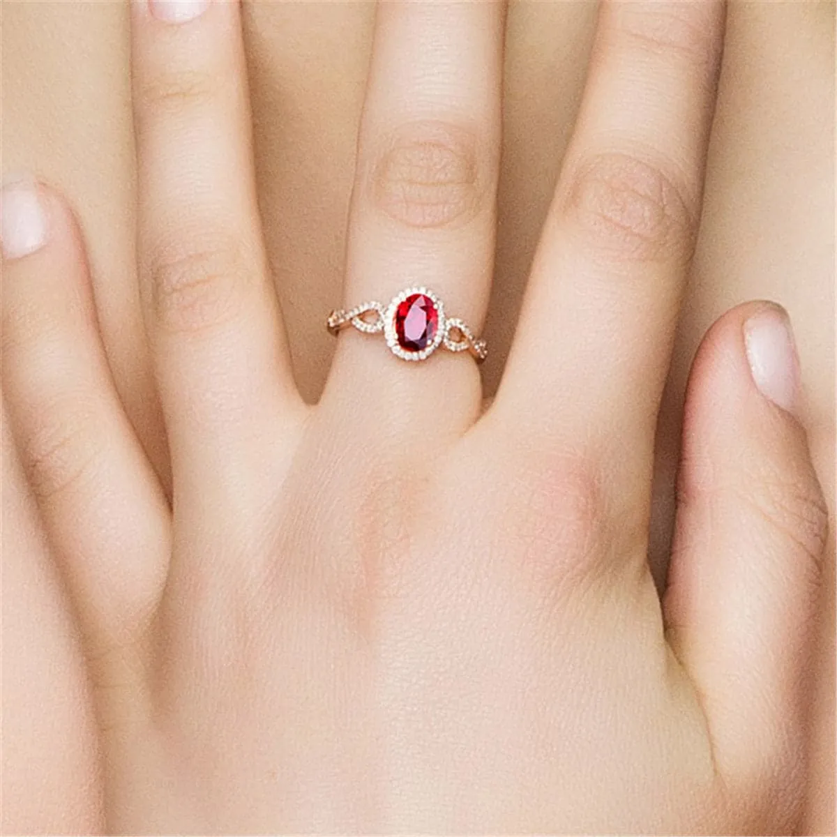 Red Crystal & Cubic Zirconia 18K Rose Gold-Plated Crossover-Accent Oval Halo Ring