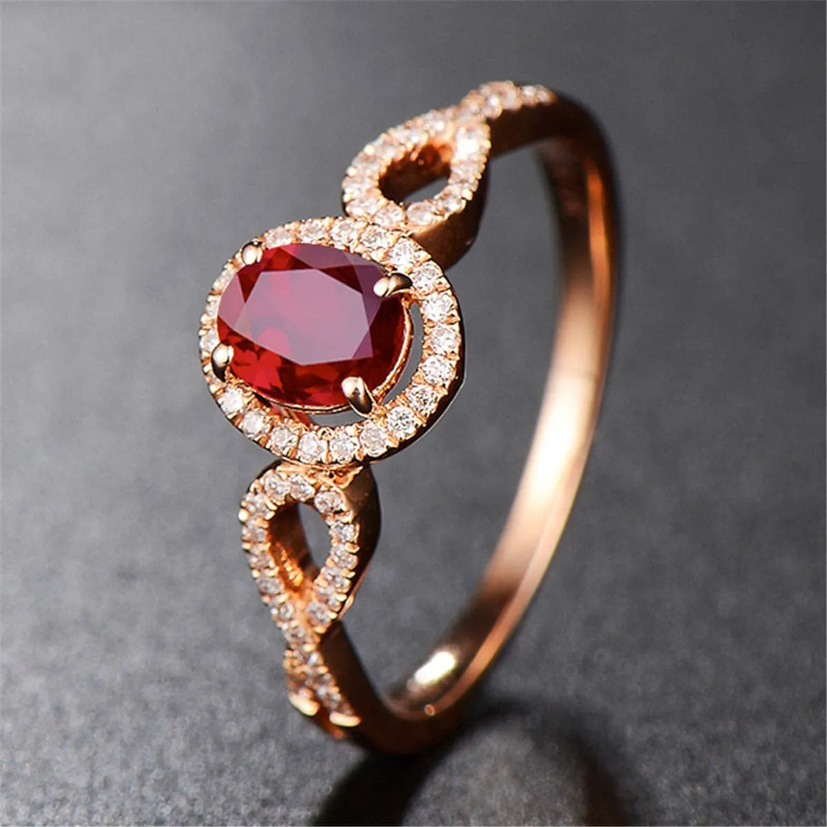 Red Crystal & Cubic Zirconia 18K Rose Gold-Plated Crossover-Accent Oval Halo Ring