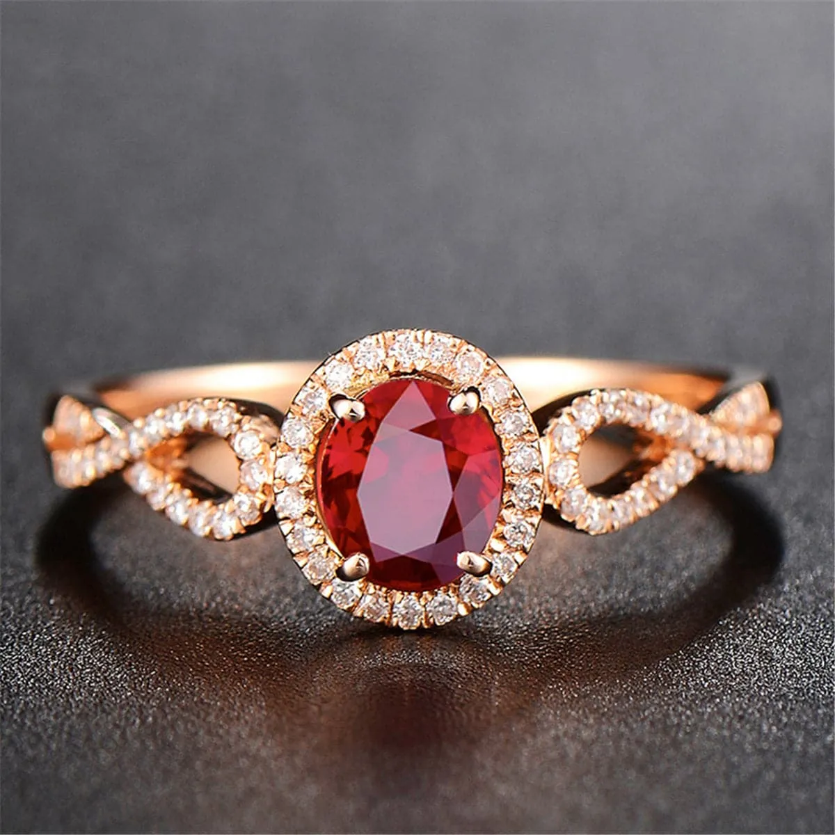 Red Crystal & Cubic Zirconia 18K Rose Gold-Plated Crossover-Accent Oval Halo Ring