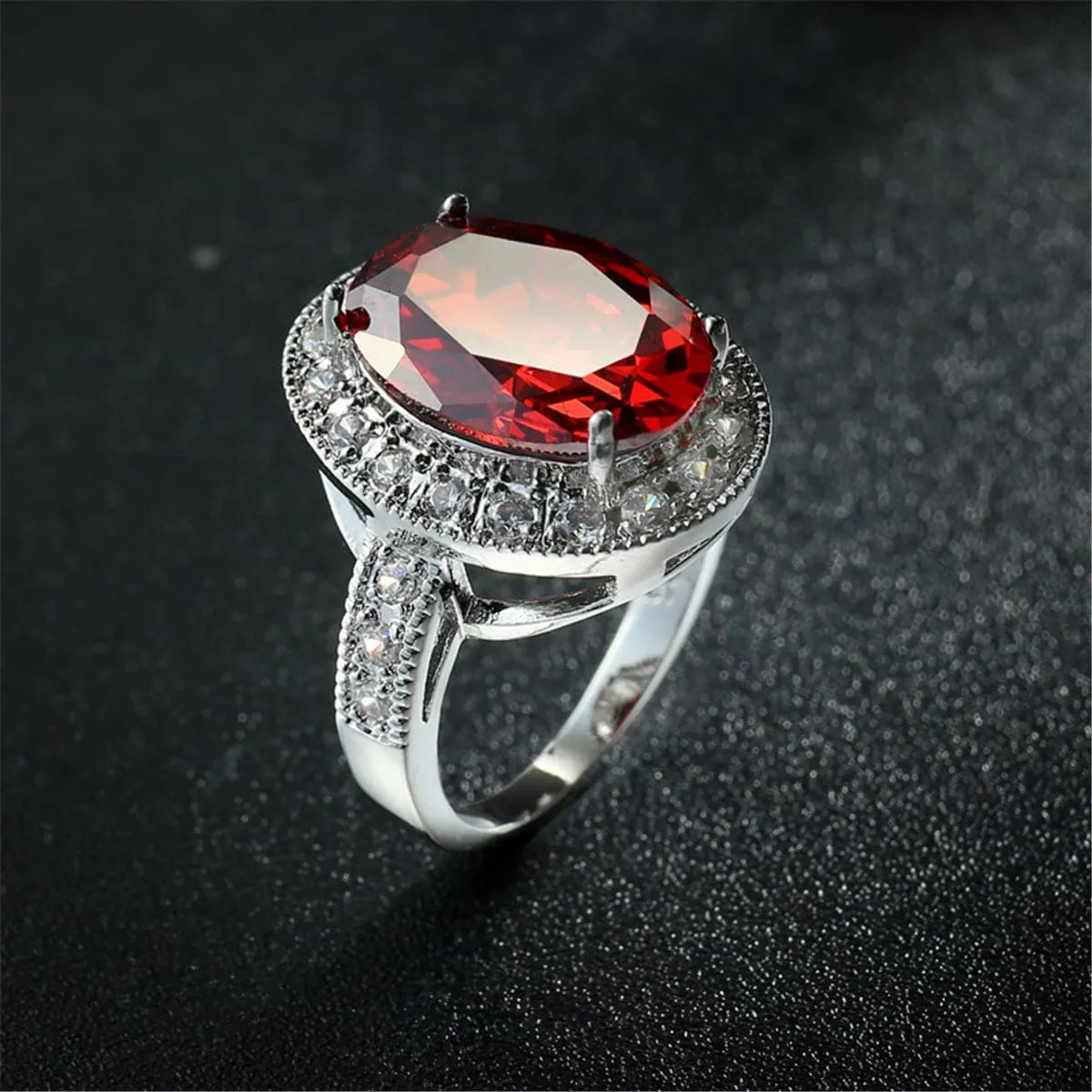 Red Crystal & Silver-Plated Oval Halo Ring