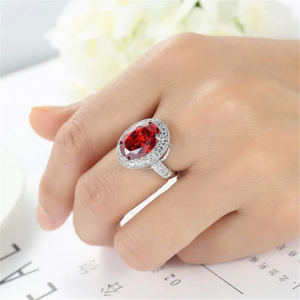 Red Crystal & Silver-Plated Oval Halo Ring
