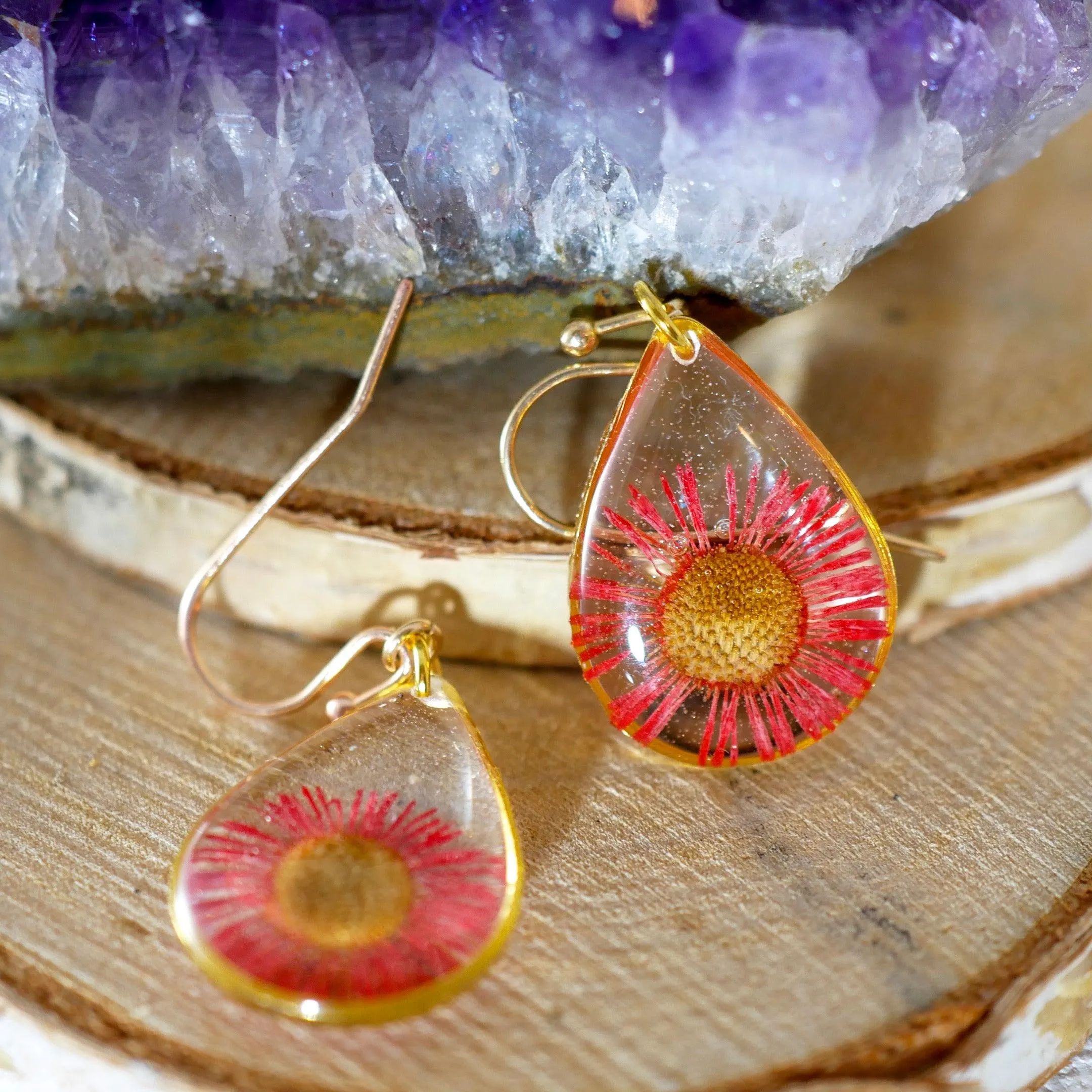 Red Daisy Teardrop Earrings
