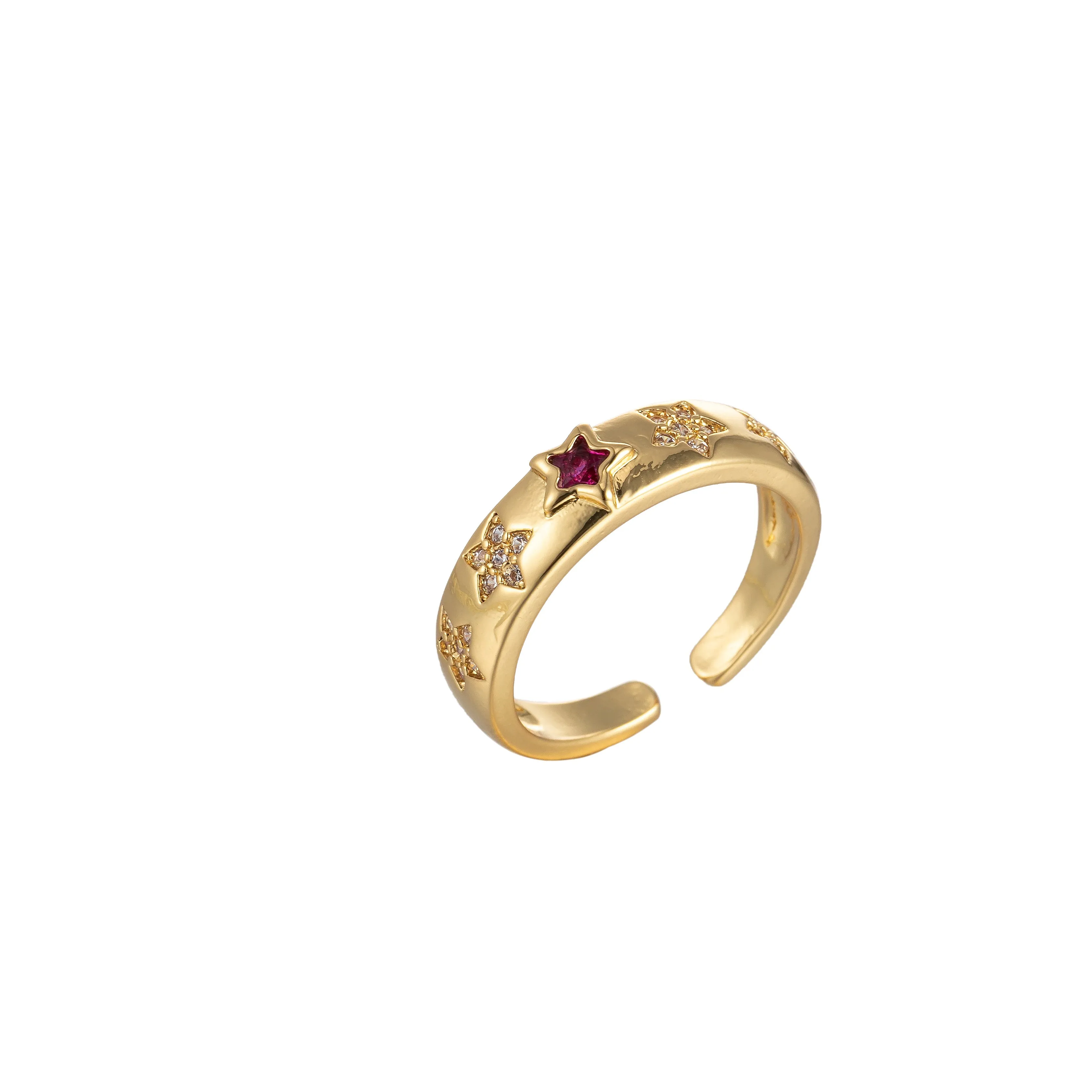 Red, Pink Star CZ Gold Dome Ring Stacking Jewelry | Round Star Celestial Ring Open Adjustable Ring O-906 O-907