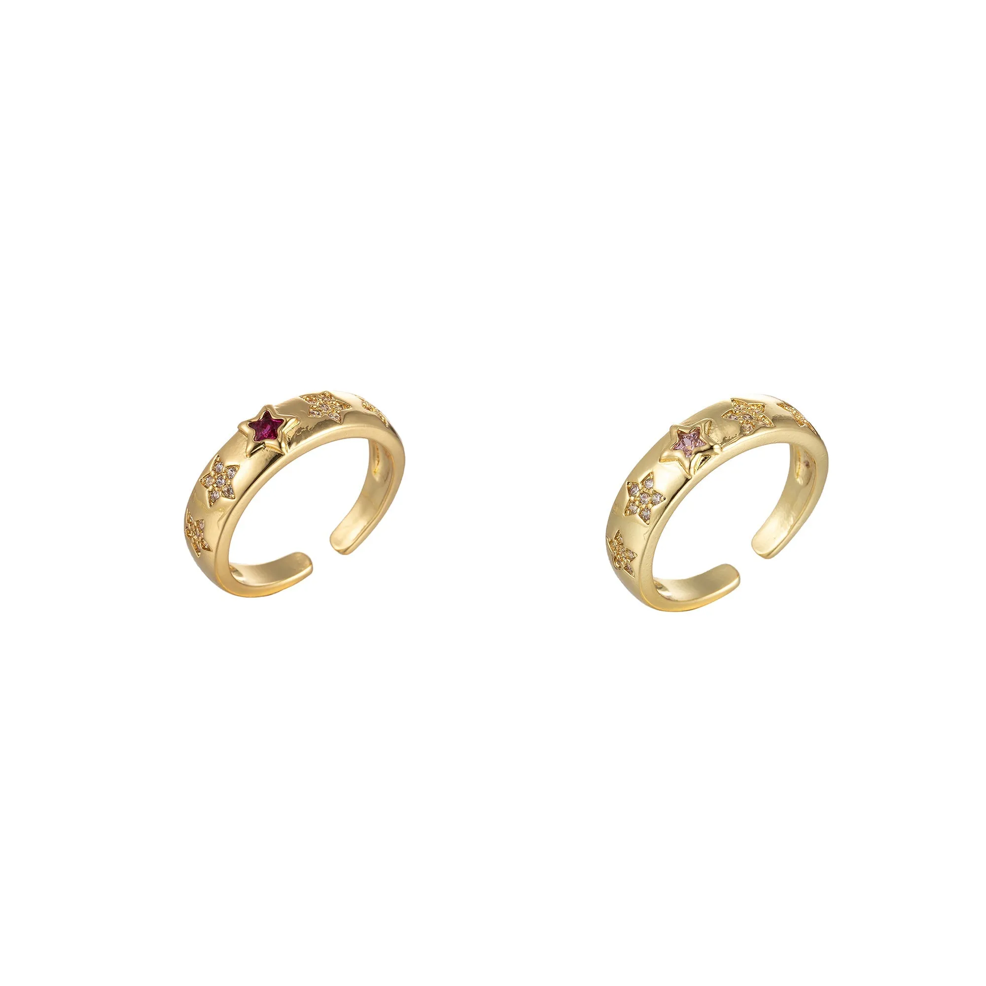 Red, Pink Star CZ Gold Dome Ring Stacking Jewelry | Round Star Celestial Ring Open Adjustable Ring O-906 O-907
