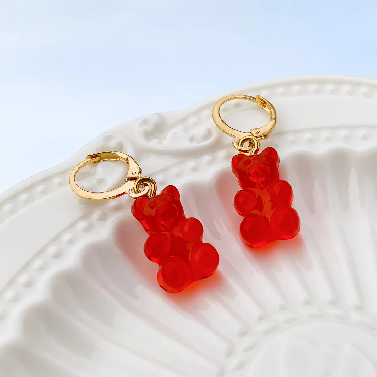 Red Resin & 18K Gold-Plated Bear Huggie Drop Earrings