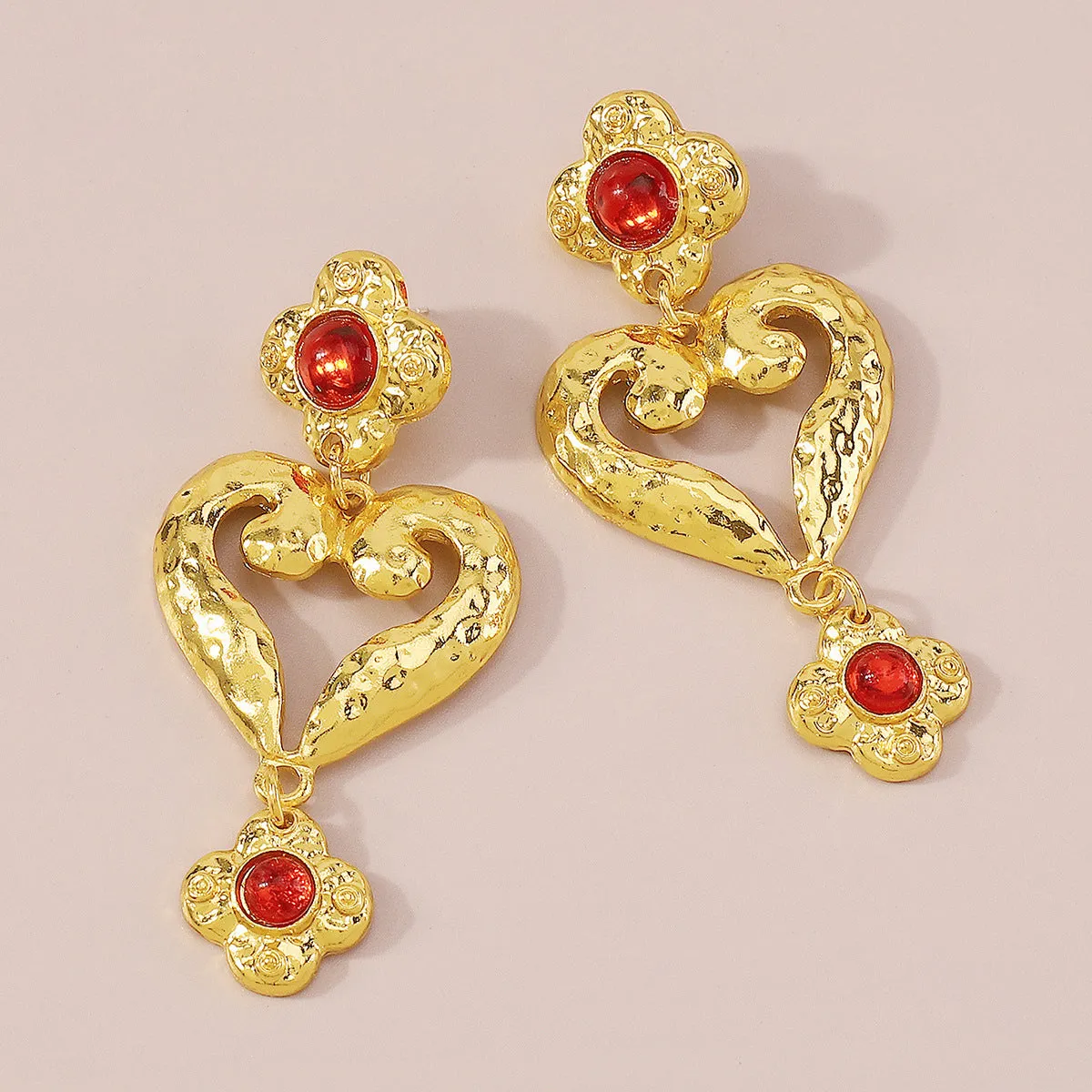 Red Resin & 18K Gold-Plated Flower Heart Drop Earrings