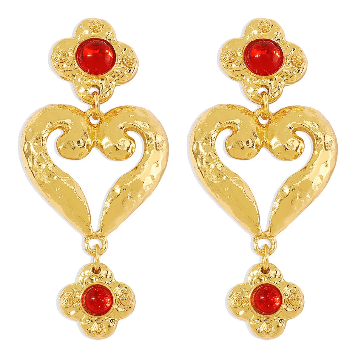Red Resin & 18K Gold-Plated Flower Heart Drop Earrings