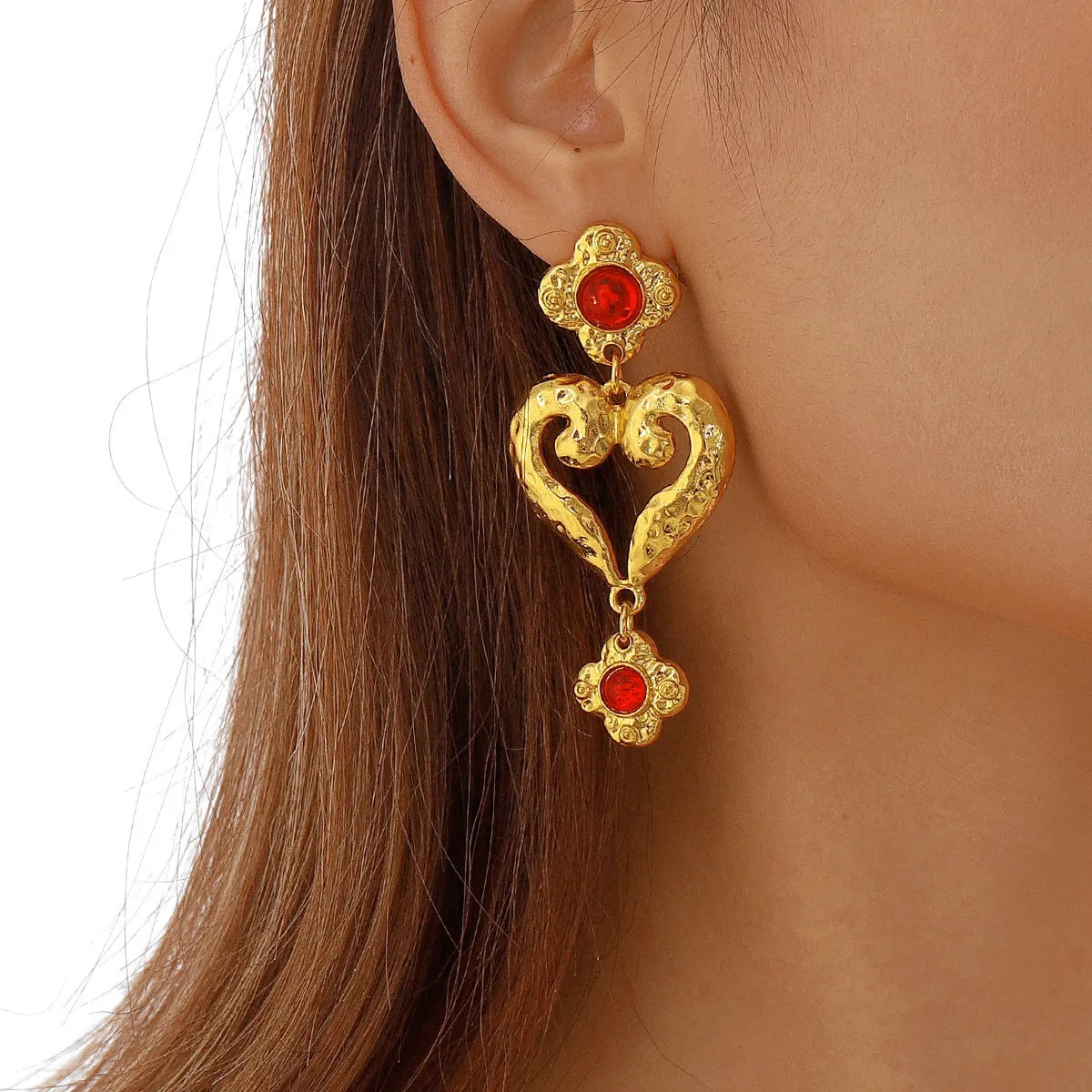Red Resin & 18K Gold-Plated Flower Heart Drop Earrings