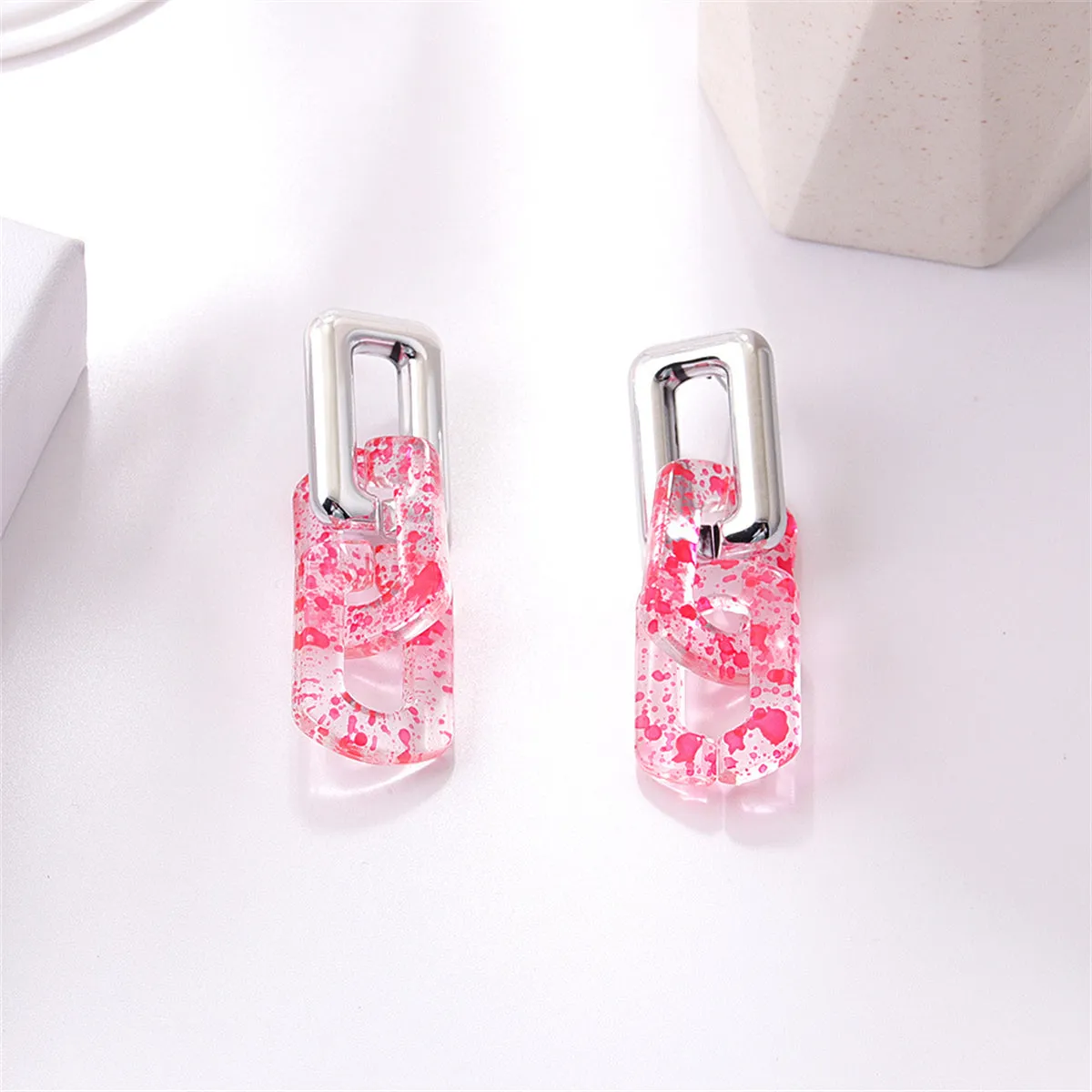 Red Resin & Silver-Plated Spot Rectangle Drop Earrings
