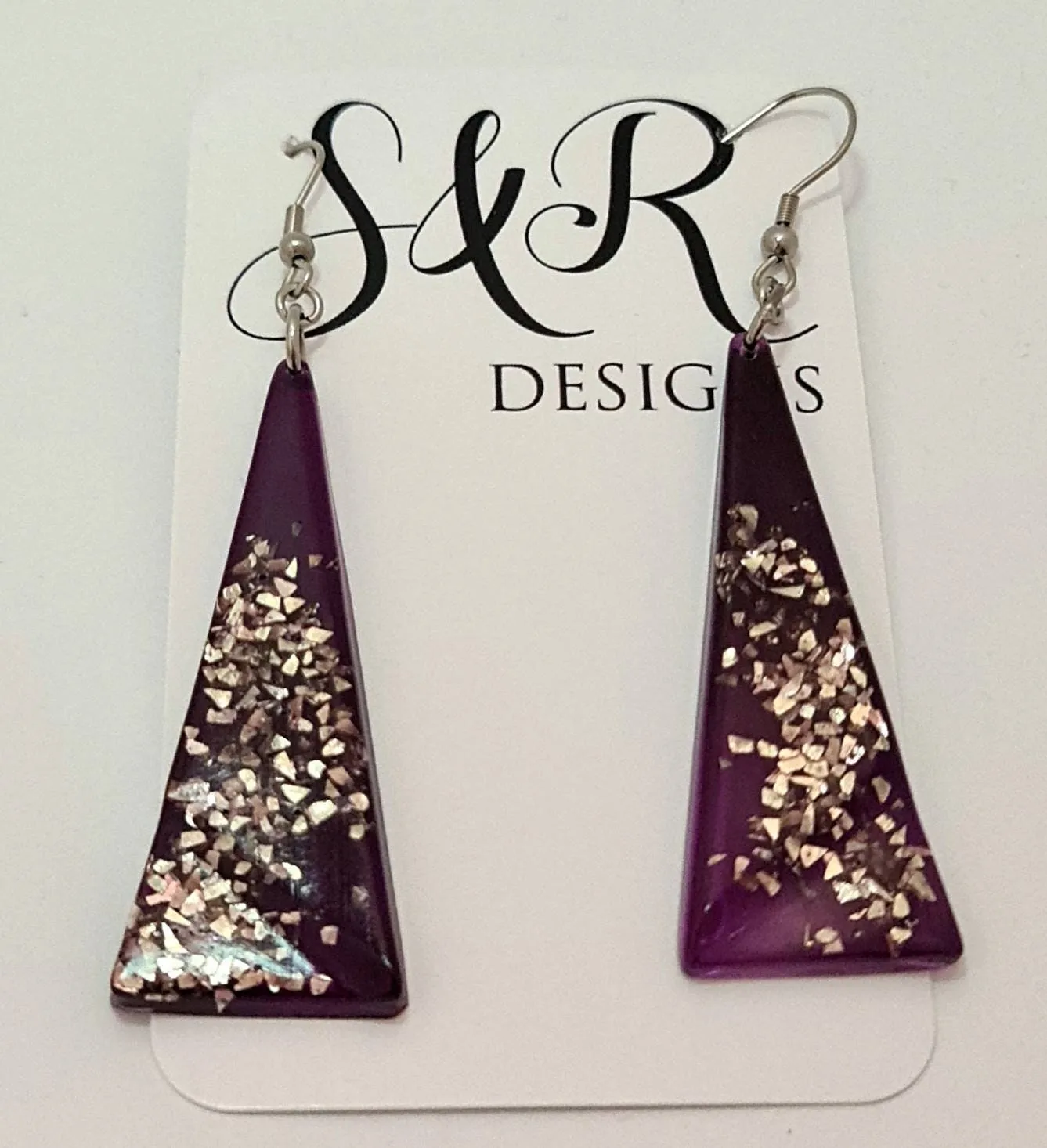 Resin Dangle Earrings, Purple, Silver, Triangle Dangle Earrings Stainless Steel, Glitter Earrings, Statement Earrings